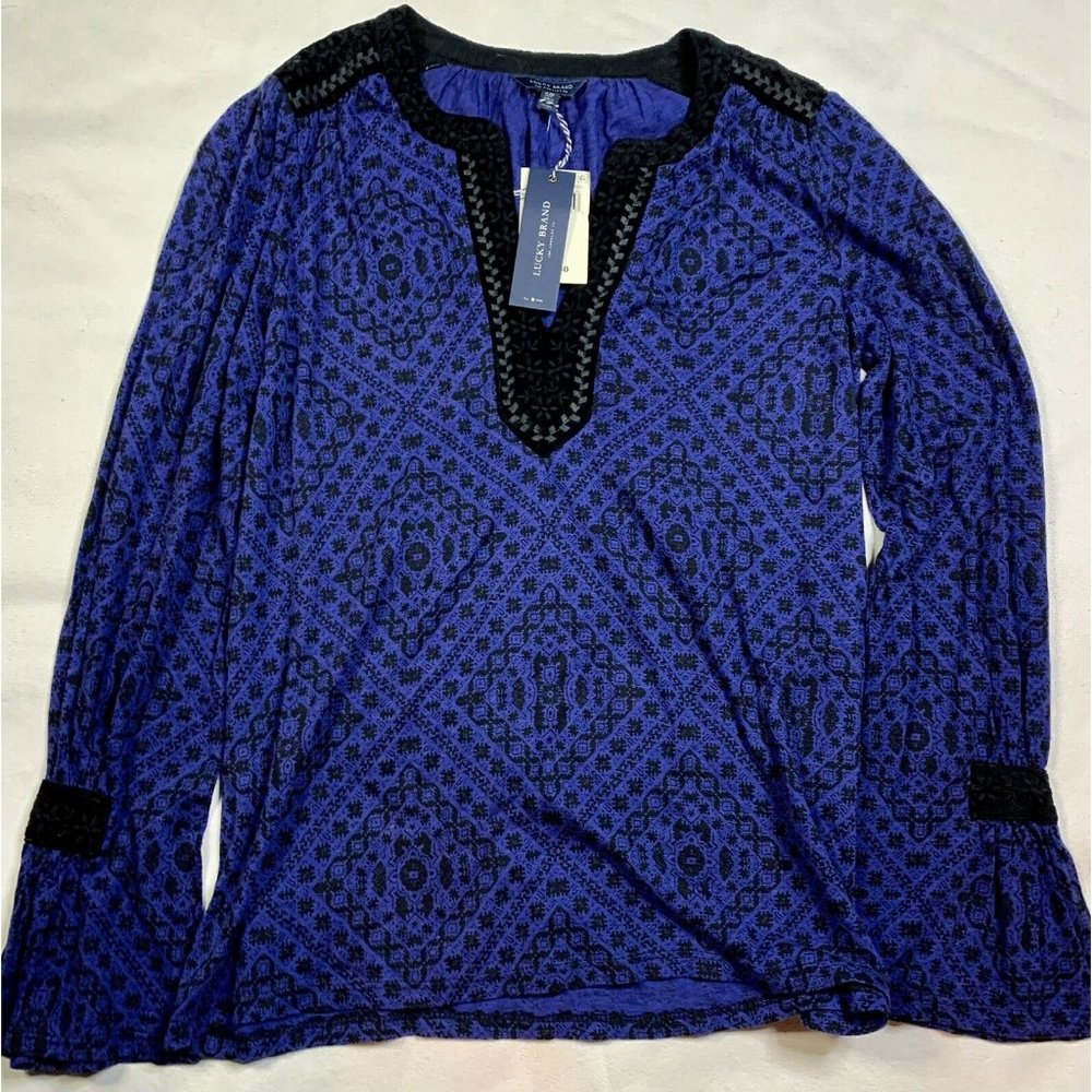 Women's Lucky Brand‎ Blue with Black Velvet Trim Long Sleeve Shirt S NWT
